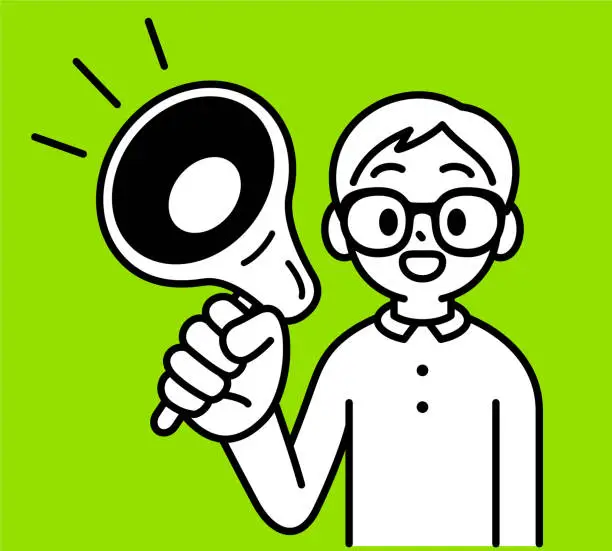 Vector illustration of A studious boy with Horn-rimmed glasses talking through a megaphone, smiling and looking at the viewer, minimalist style, black and white outline, Voice of Knowledge, Empowering Education, Spreading Ideas, Learning's Echo