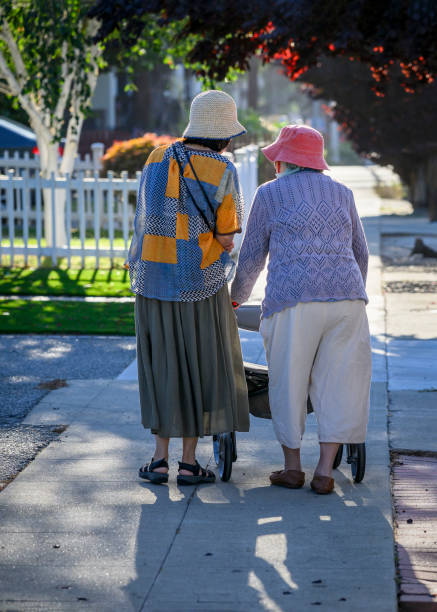 istock Senior woman walking using a mobility walker on the pedestrian footpath, chatting to her daughter. Vertical format. 1679587428