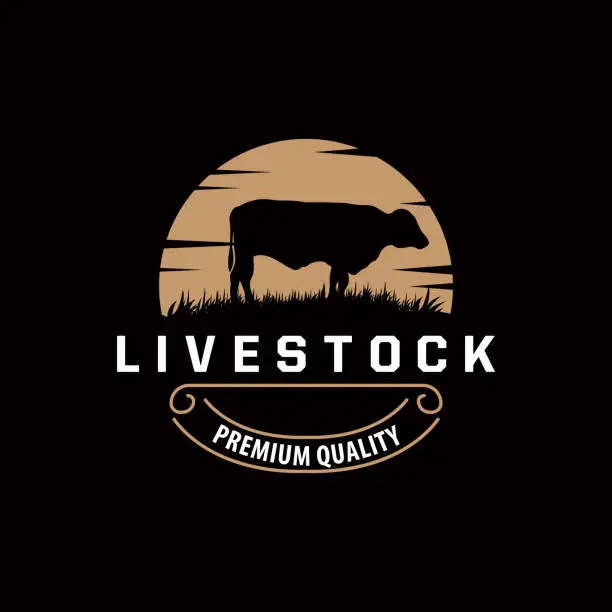 Vector illustration of Cattle Farm Livestock Logo, Farm Garden Land Agriculture Retro Vintage Emblem Design