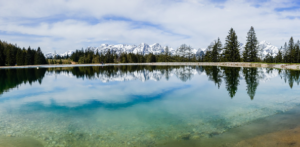 wonderful landscape with snowy mountain range and a lake with reflections panorama view