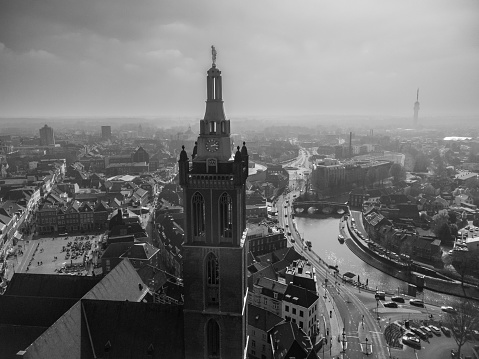 Roermond, Netherlands – June 22, 2023: An aerial view of the Cathedral of Munsterkerk in the Netherlands in grayscale