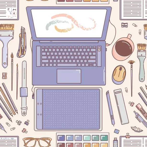 Vector illustration of Workspace seamless pattern. Desktop of an artist or designer, laptop, Paints and brushes, notebook, mug, graphic tablet, flash drive, glasses. Doodle style, Office. For website, wrapping, background