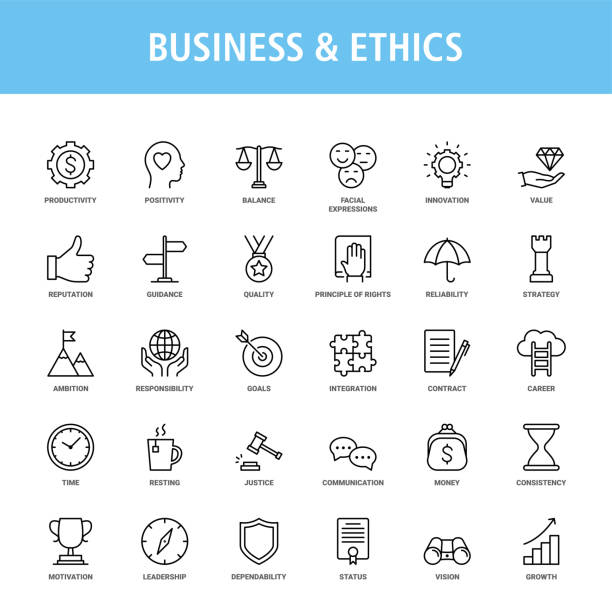 ilustraciones, imágenes clip art, dibujos animados e iconos de stock de conjunto de iconos de líneas de negocios y ética. - transparencia