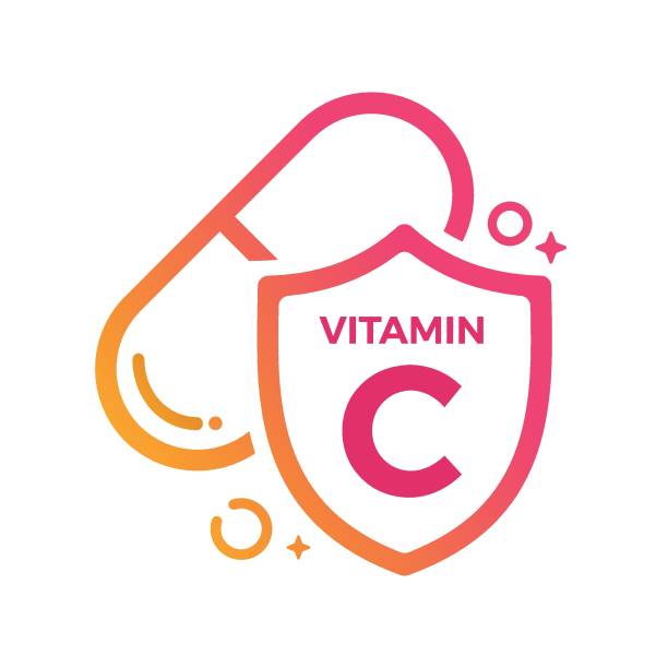 ilustrații de stoc cu vitamina c pill shield pictogramă logo protection, medicină sănătate ilustrație vectorială - vitamina c