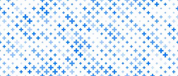 Vector illustration of Medical cross and plus background. Abstract seamless blue pattern for hospital and pharmacy. Geometrical shapes ornament. Vector backdrop