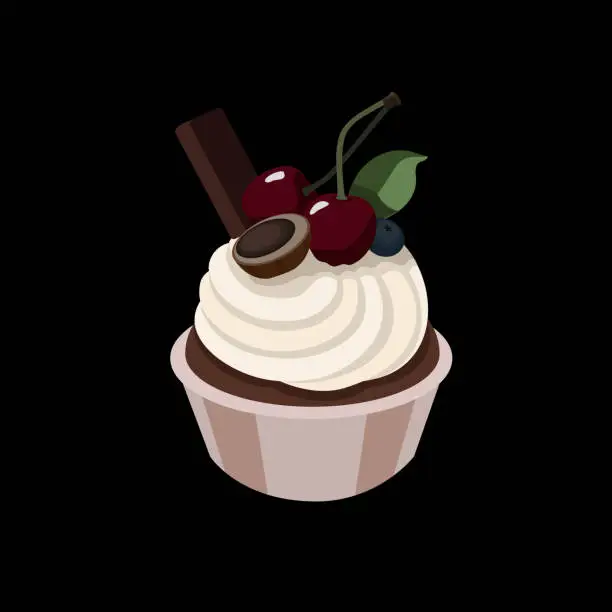 Vector illustration of Cake, cupcake with cherries, cherries, toffee, chocolate stick, black currant