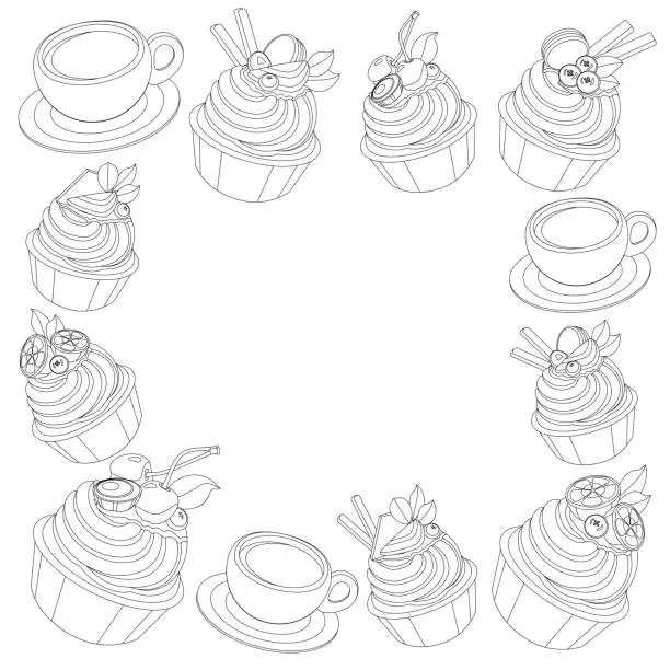 Vector illustration of Coloring book for kids with cupcakes, cups of coffee lines