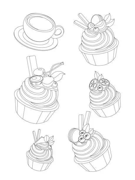 Vector illustration of Coloring of five different cupcakes with berries, chocolate and cups
