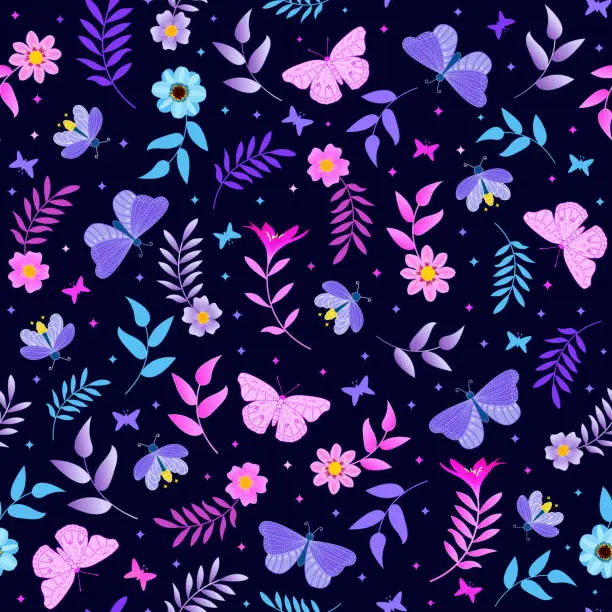 Vector illustration of blue pink butterfly and firefly seamless pattern. floral print.