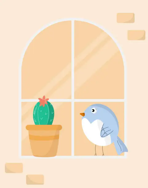 Vector illustration of a blue bird and cactus in a window