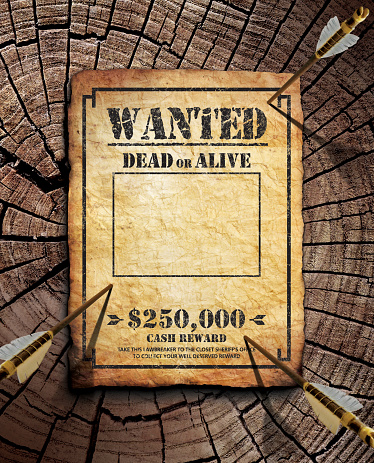 Wanted poster tacked on wooden surface target with three arrows