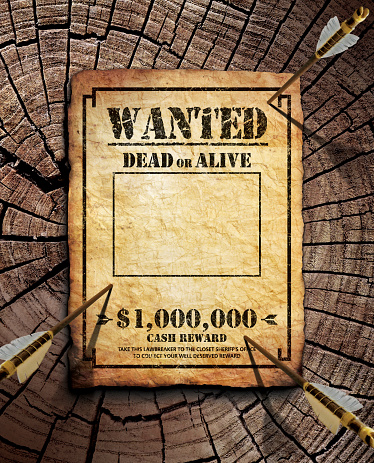 Wanted poster tacked on wooden surface target with three arrows