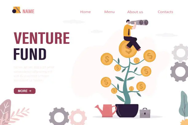 Vector illustration of Venture fund, landing page template. Smart investor sitting on money tree and looking new growth startup. Businessman uses binoculars for search profitable ideas.