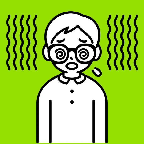 Vector illustration of A boy with Horn-rimmed glasses feeling dizzy, minimalist style, black and white outline