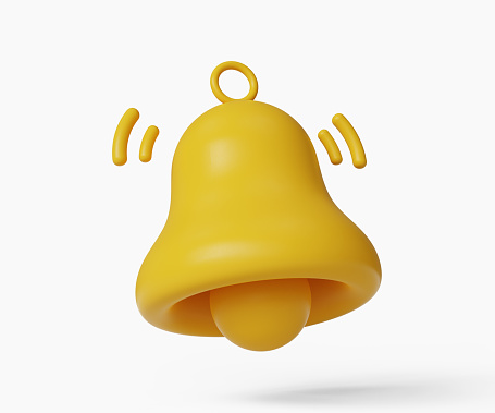 3D notification bell icon. New update reminder, notification icon. Golden alert bell. 3d illustration