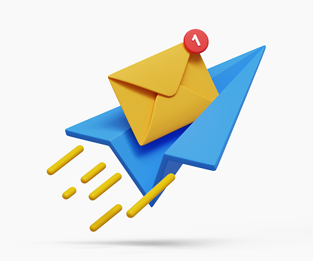 3D online message sending. Online advertising or mailing list service concept. Paper plane with an envelop and speed lines. 3d illustration