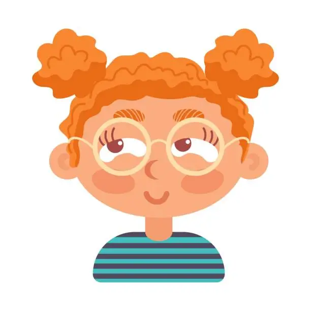 Vector illustration of Cunning curly-haired red-haired girl with ponytails wearing glasses smiling. In cartoon style. Human emotions. Psychological health, Welness.