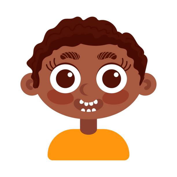 illustrations, cliparts, dessins animés et icônes de drôle de garçon noir en t-shirt orange riant. dans le style cartoon. émotions humaines. santé psychologique, welness. - grimacing male african descent teenage boys