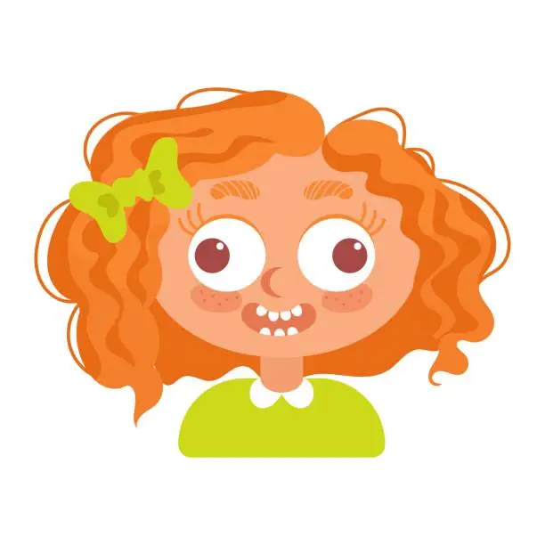 Vector illustration of Crazy cheerful curly-haired red-haired girl with a bow. In cartoon style. Human emotions