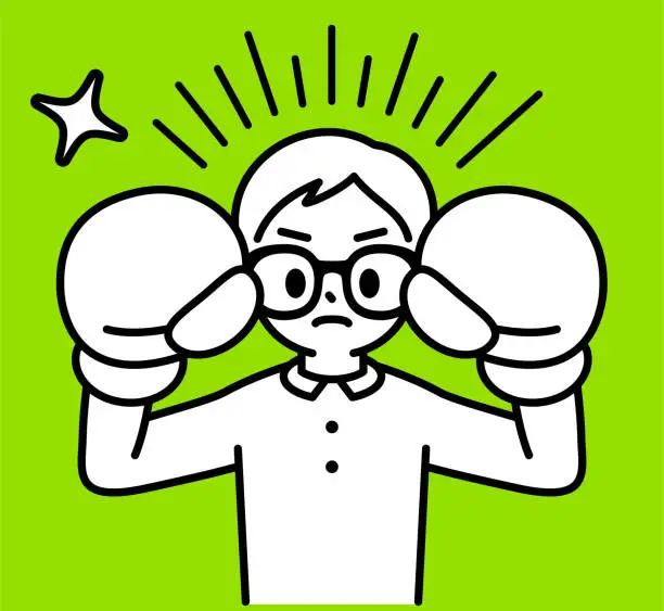 Vector illustration of A studious boy wearing Horn-rimmed glasses, in boxing gloves, ready to fight, looking at the viewer, minimalist style, black and white outline