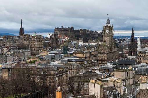 Edinburgh, United Kingdom – January 04, 2023: An aerial view of Edinburgh cityscape from Calton Hill, featuring a picturesque view of the city.