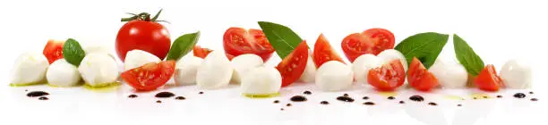 Tomato Mozzarella Banner with Basil isolated on white Background