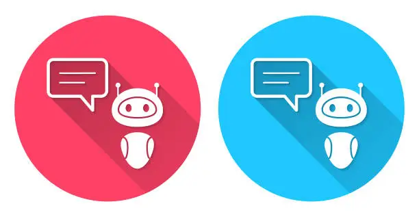 Vector illustration of Chatbot with speech bubble. Round icon with long shadow on red or blue background