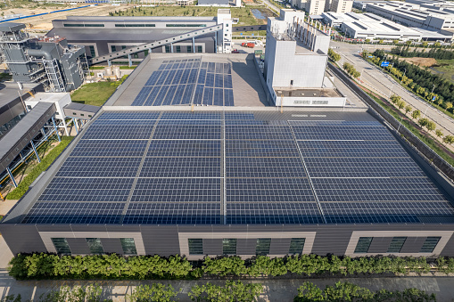Solar panels installed on the roof of the factory