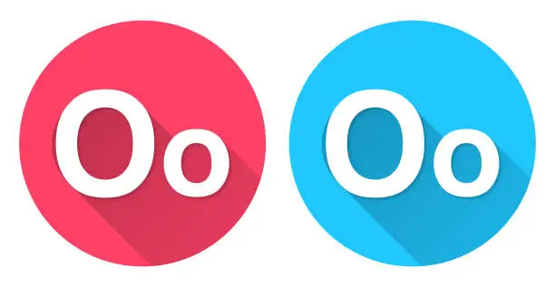 Vector illustration of Letter O - Uppercase and lowercase. Round icon with long shadow on red or blue background