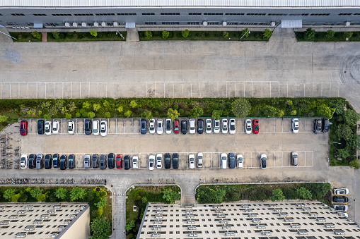 Aerial view of the parking lot in the factory room