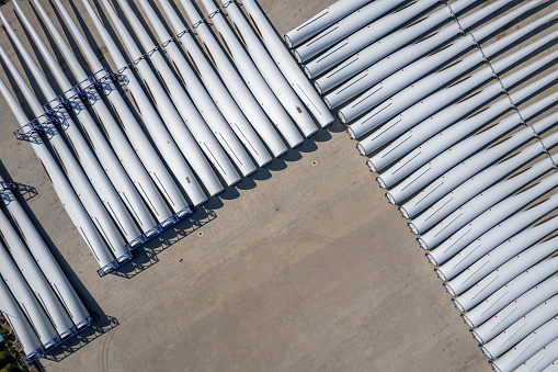 Close-up of wind turbine blades in the factory