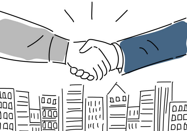 construction worker and business person handshake drawing illustration construction worker and business person handshake hand drawing illustration, vector recruitment agency stock illustrations