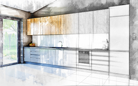 A modern kitchen with dark gray and wooden kitchen cabinets on white tiled floor, with a white backsplash, a dark gray wall background, and a large window on the side. Half an architectural sketch with a pencil half sketched with markers.
