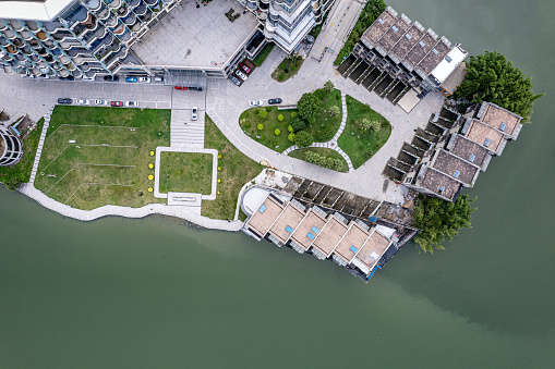 Vertical aerial view of the lakeside residence and grassland