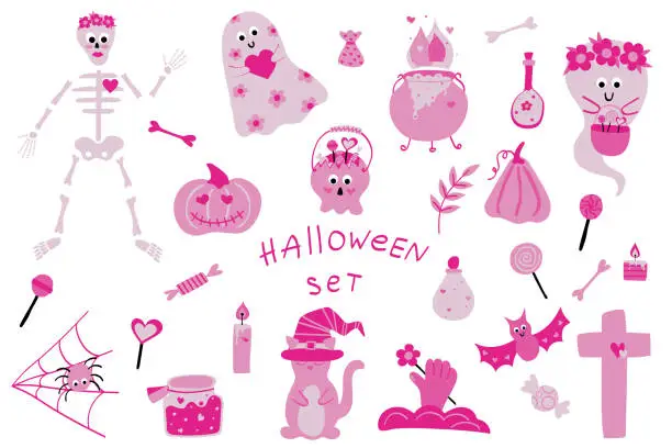 Vector illustration of Set of pink Happy Halloween stickers. Cute set in fashion doll colors