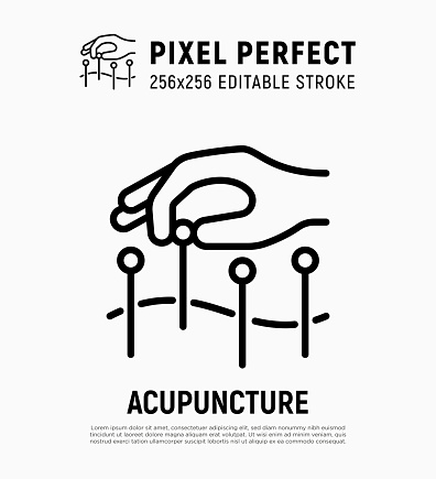 Acupuncture thin line icon. Hand with needle, alternative medicine. Pain relief, arthritis treatment. Pixel perfect, editable stroke. Vector illustration.