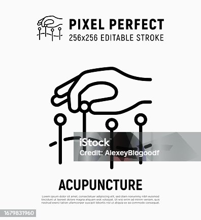 istock Acupuncture thin line icon. Hand with needle, alternative medicine. Pain relief, arthritis treatment. Pixel perfect, editable stroke. Vector illustration. 1679831960