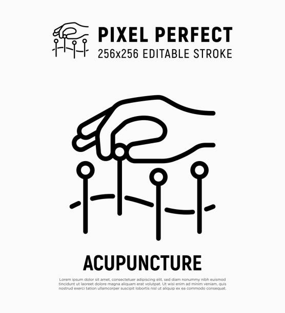 Acupuncture thin line icon. Hand with needle, alternative medicine. Pain relief, arthritis treatment. Pixel perfect, editable stroke. Vector illustration. vector art illustration