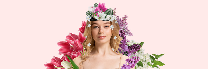 Elegant, tender, beautiful young woman and blooming flowers around her body. Contemporary art collage. Concept of floral aesthetics, natural beauty, inspiration, abstract art. Banner, ad