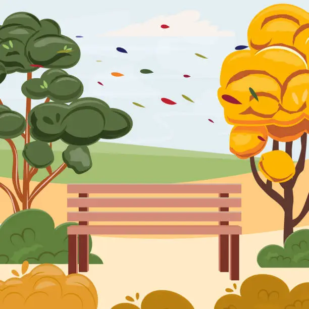 Vector illustration of Autumn illustration with yellow orang trees and a wooden bench in the middle. Autumn background