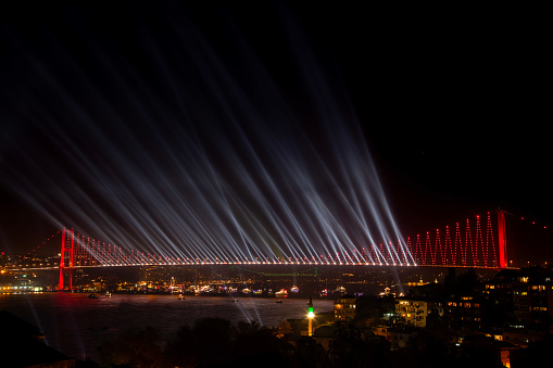 istanbul, Turkey. light show on bosporus bridge in istanbul to celebrate victory or independence day of Turkey. bosporus or Bosphorus bridge, landmark of turkey. light show for republic day, at night