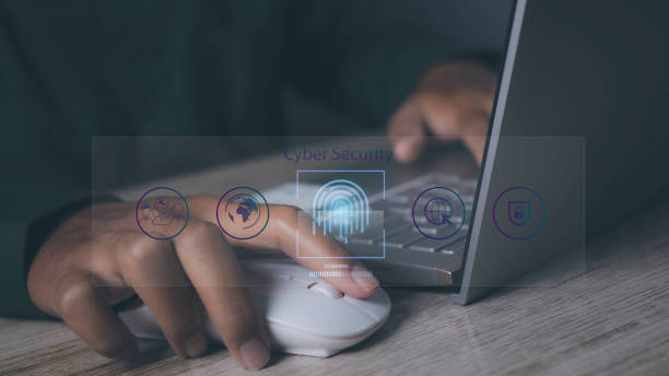 istock Businessman using laptop access scan fingerprint biometric identity and approval 1679848613
