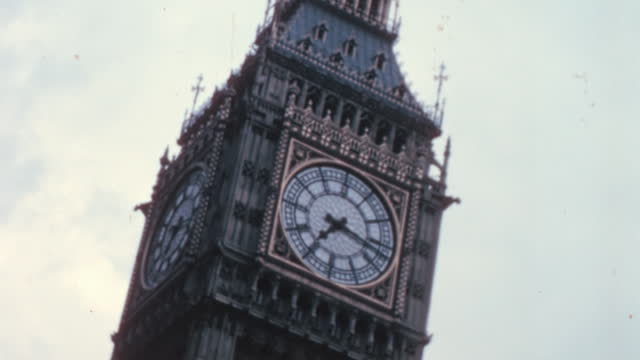 Big Ben tower close up, historical footage from London in the 1960’s