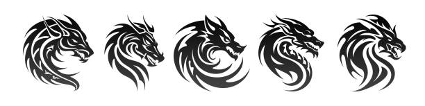 Tribal tattoo of the dragon head silhouette ornament flat style design vector illustration set Tribal tattoo of the dragon head silhouette ornament flat style design vector illustration set isolated on white background. Chinese symbol and fantasy mascot monster for design ideas and tattoos. celtic dragon tattoo stock illustrations