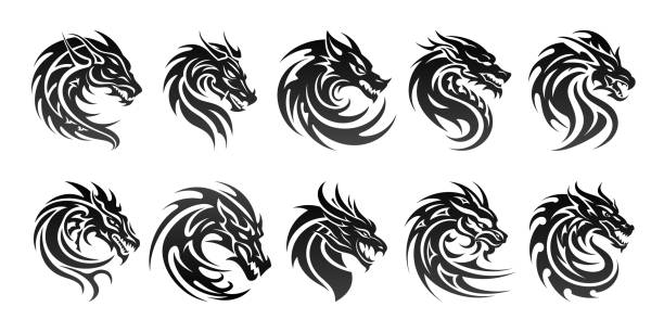Tribal tattoo of the dragon head silhouette ornament flat style design vector illustration set Tribal tattoo of the dragon head silhouette ornament flat style design vector illustration set isolated on white background. Chinese symbol and fantasy mascot monster for design ideas and tattoos. celtic dragon tattoo stock illustrations
