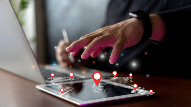 istock Location of gps navigation.  GPS map, world map location pin on digital tablet. Find the target location while working on a laptop computer. 1679881087
