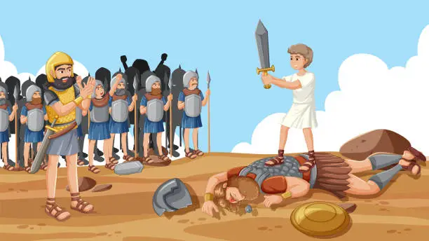 Vector illustration of David's Triumph: Defeating Goliath with a Stone and Sword