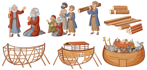 A vector cartoon illustration depicting the story of Noah's Ark