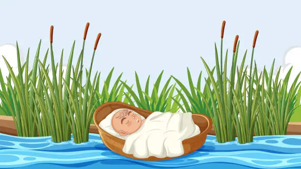 Vector illustration of Infant Moses in the Basket: A Religious Bible Story