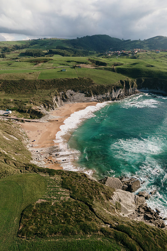 A beautiful beach in Cantabria, Spain, as seen from above. Tagle, Cantabria, Spain